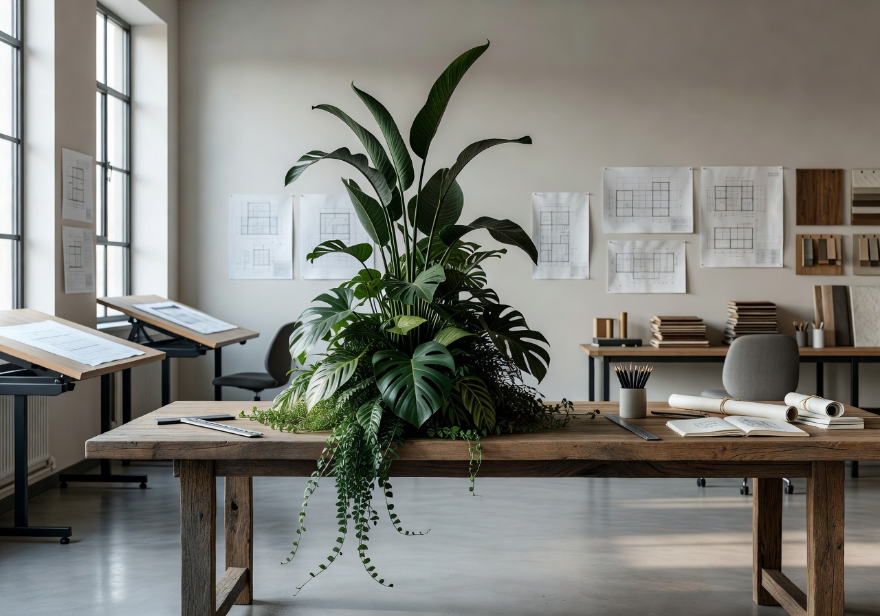 Architect studio with a sculptural plant centerpiece
