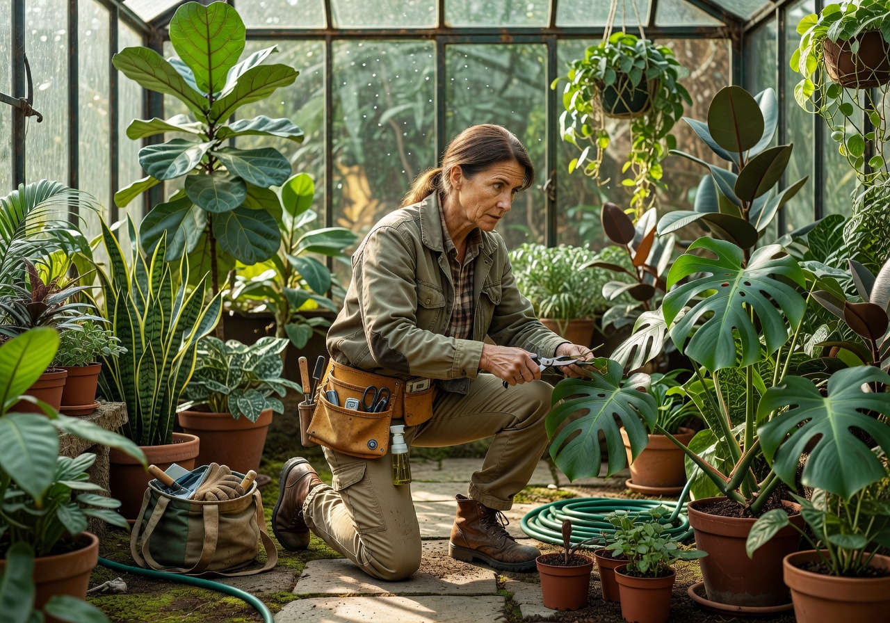 Botanist tending to indoor plants during maintenance visit