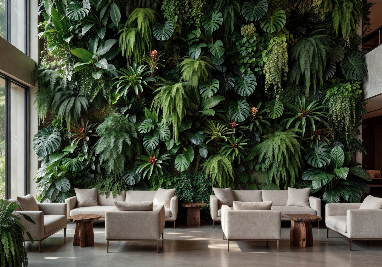 Boutique hotel lobby with tropical green installation