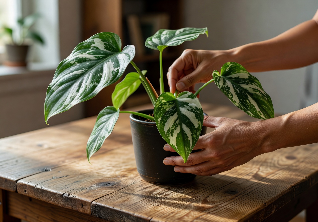 Hand gently arranging a rare houseplant on a wooden table