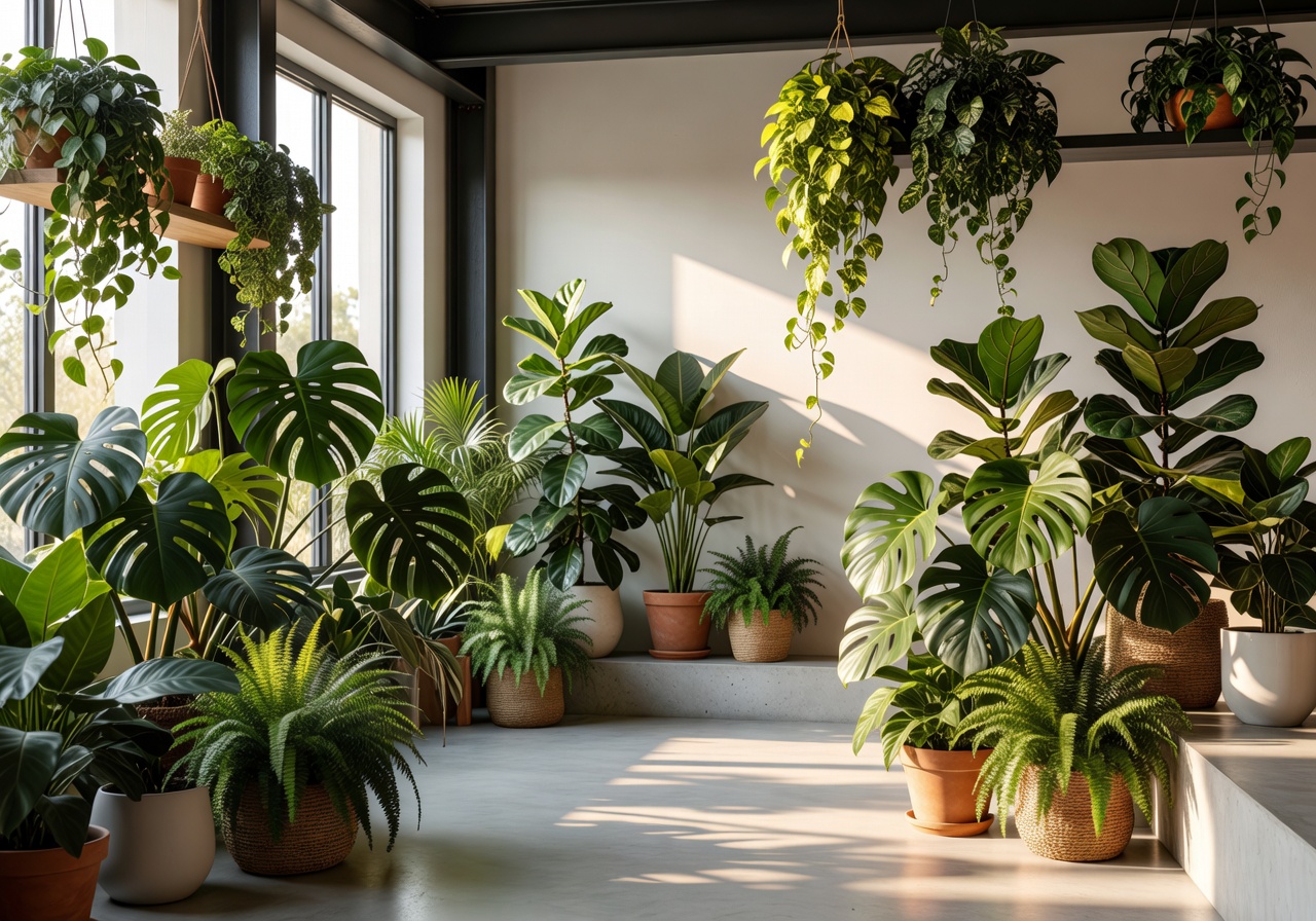 Lush indoor plant collection in a sunlit modern studio