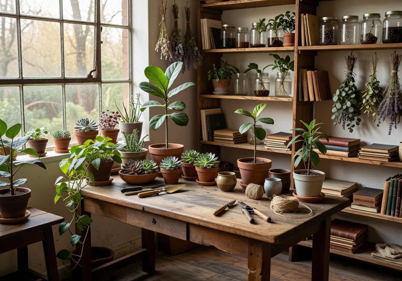 Soft daylight falling across a botanical workspace at Verdant Atelier