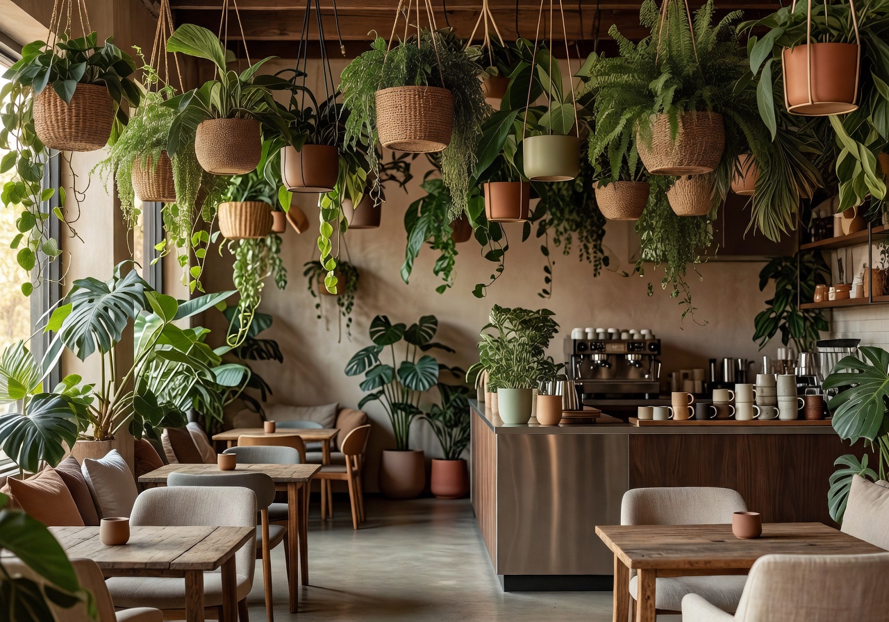 Specialty cafe interior softened with hanging planters